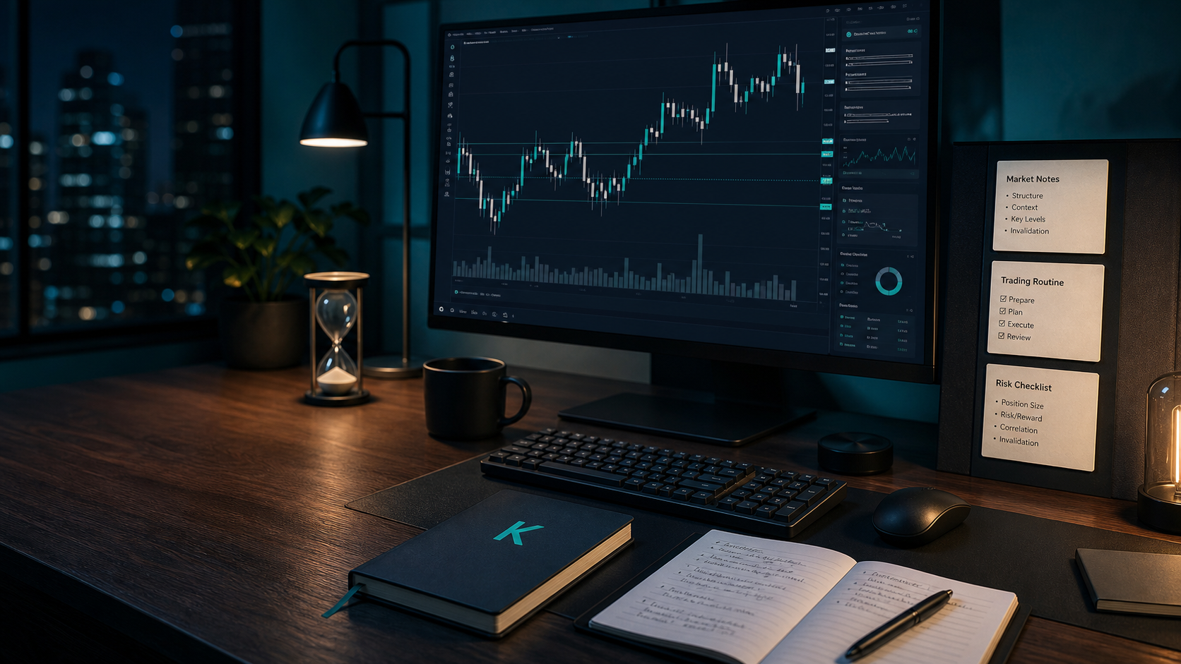 Premium Kental Trading Lab research desk with chart analysis, trading routine notes, and risk checklist